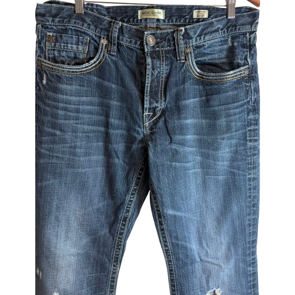 MEK Mens Jean 36x34 Western Slim Boot Raw Hem Distressed Dark Wash Embroidered - Picture 2 of 15